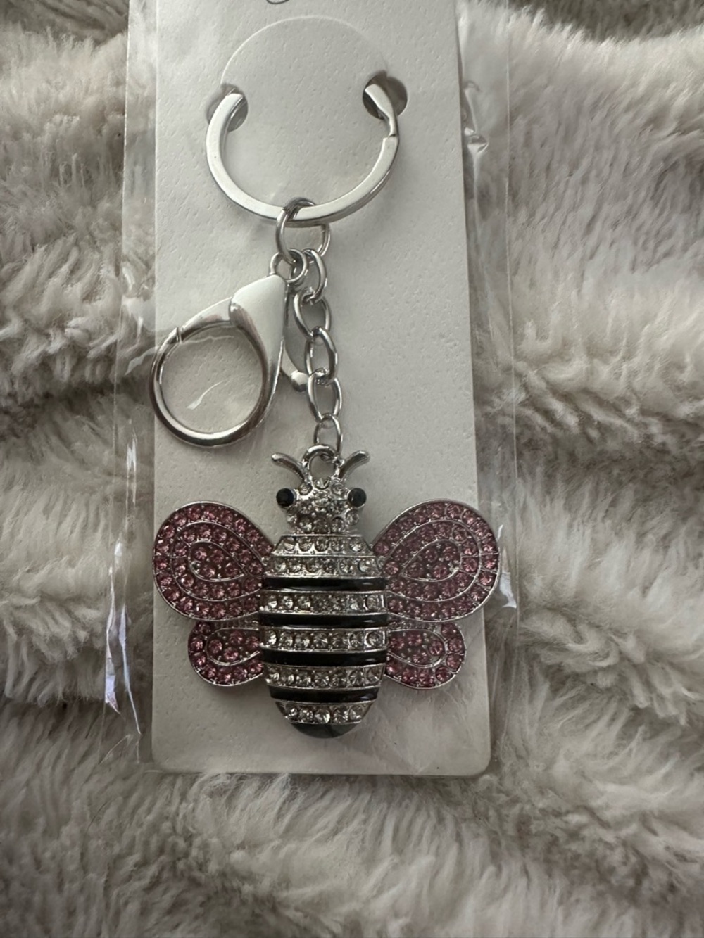 Silver Tone Pink & Clear Rhinestone Bee Keychain  Charm - Luxury Bag Charm 4x2” - Picture 2 of 4